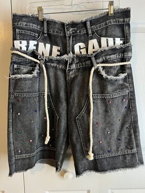 ROMWE Men Streetlife Distressed Shorts w/Double Waistband & Rope Belt Sz34 NWT